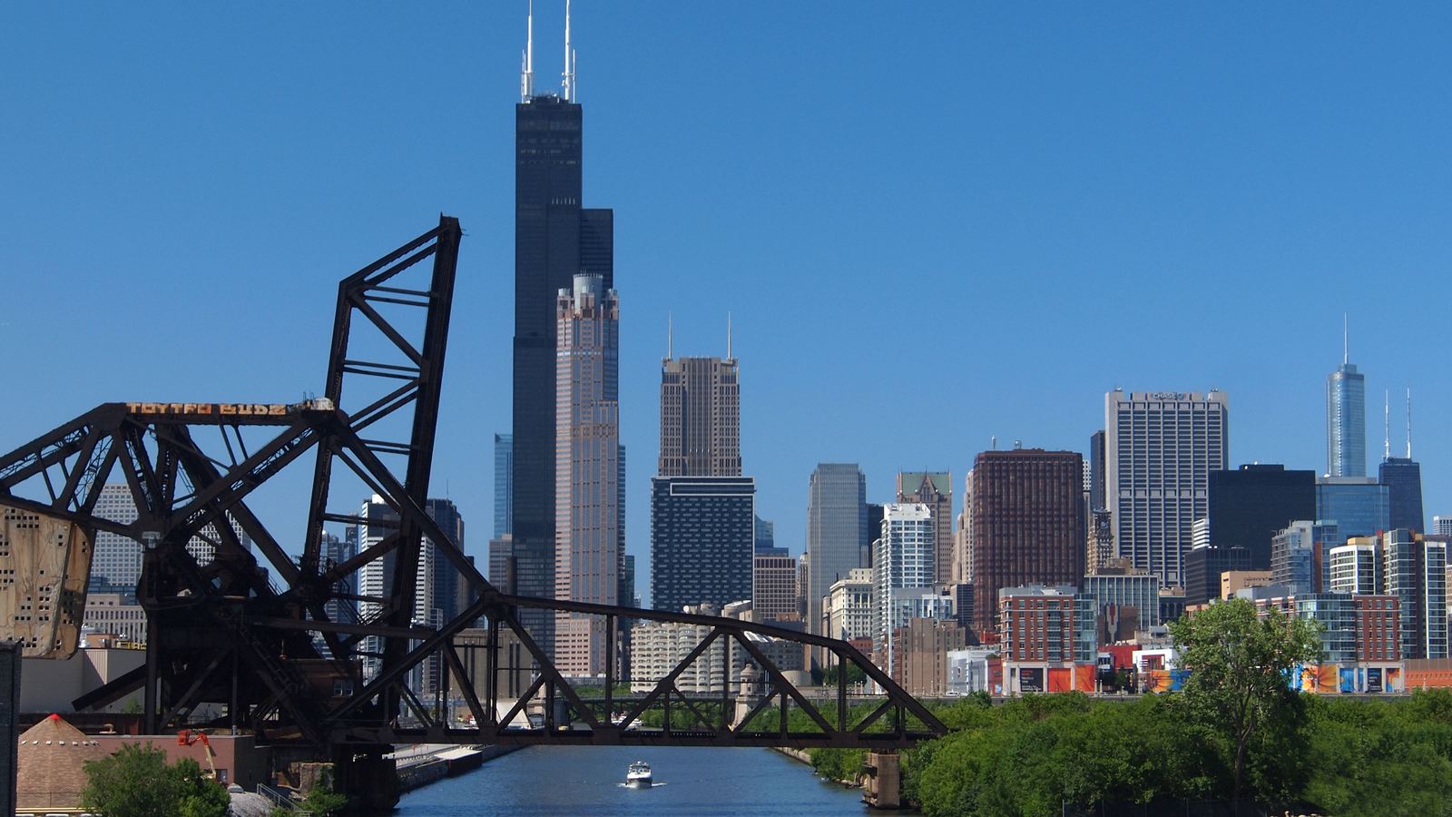 Chicago skyline, including Willis Tower, seen from the South Branch of the Chicago River