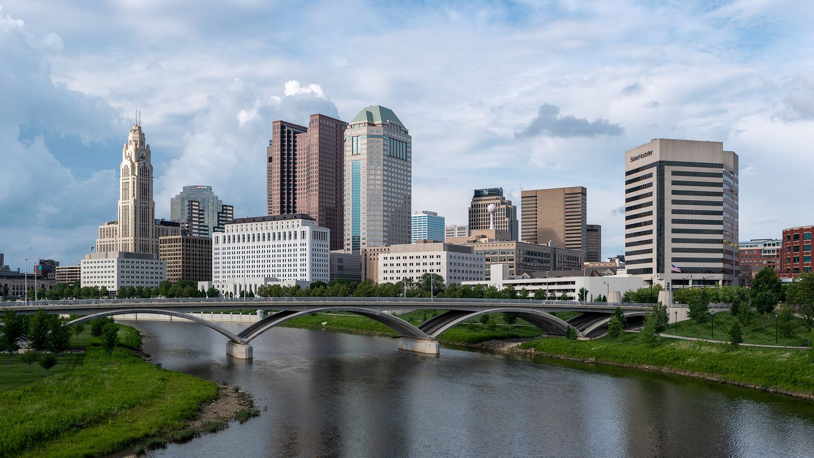 Downtown Columbus, Ohio, and the Scioto River seen from the Main Street Bridge