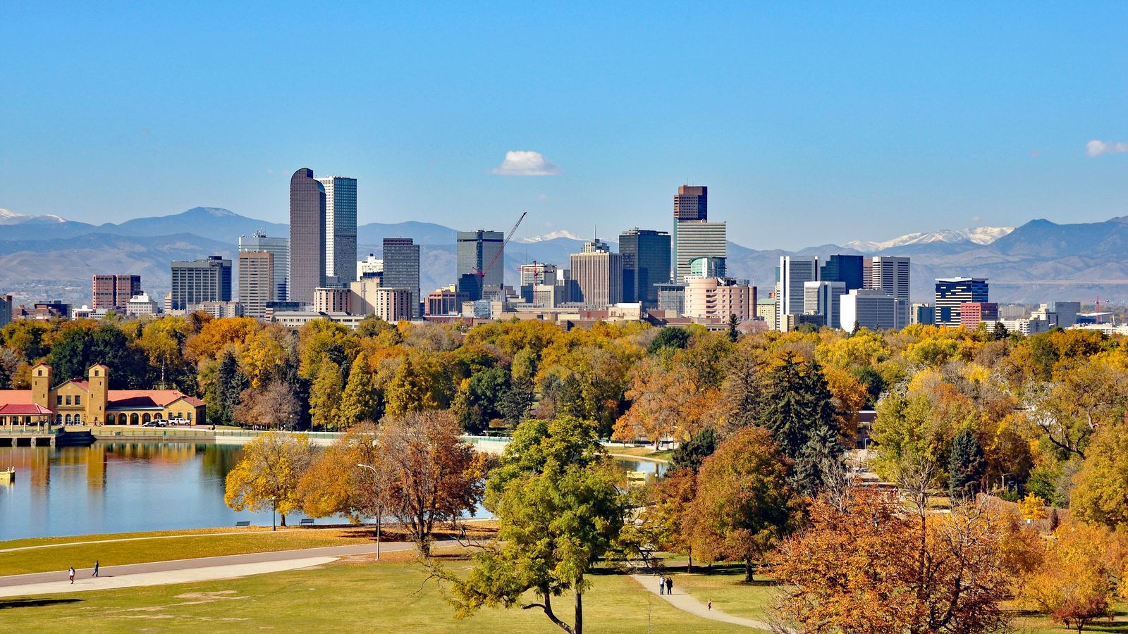 Denver skyline and the Rocky Mountains beyond City Park