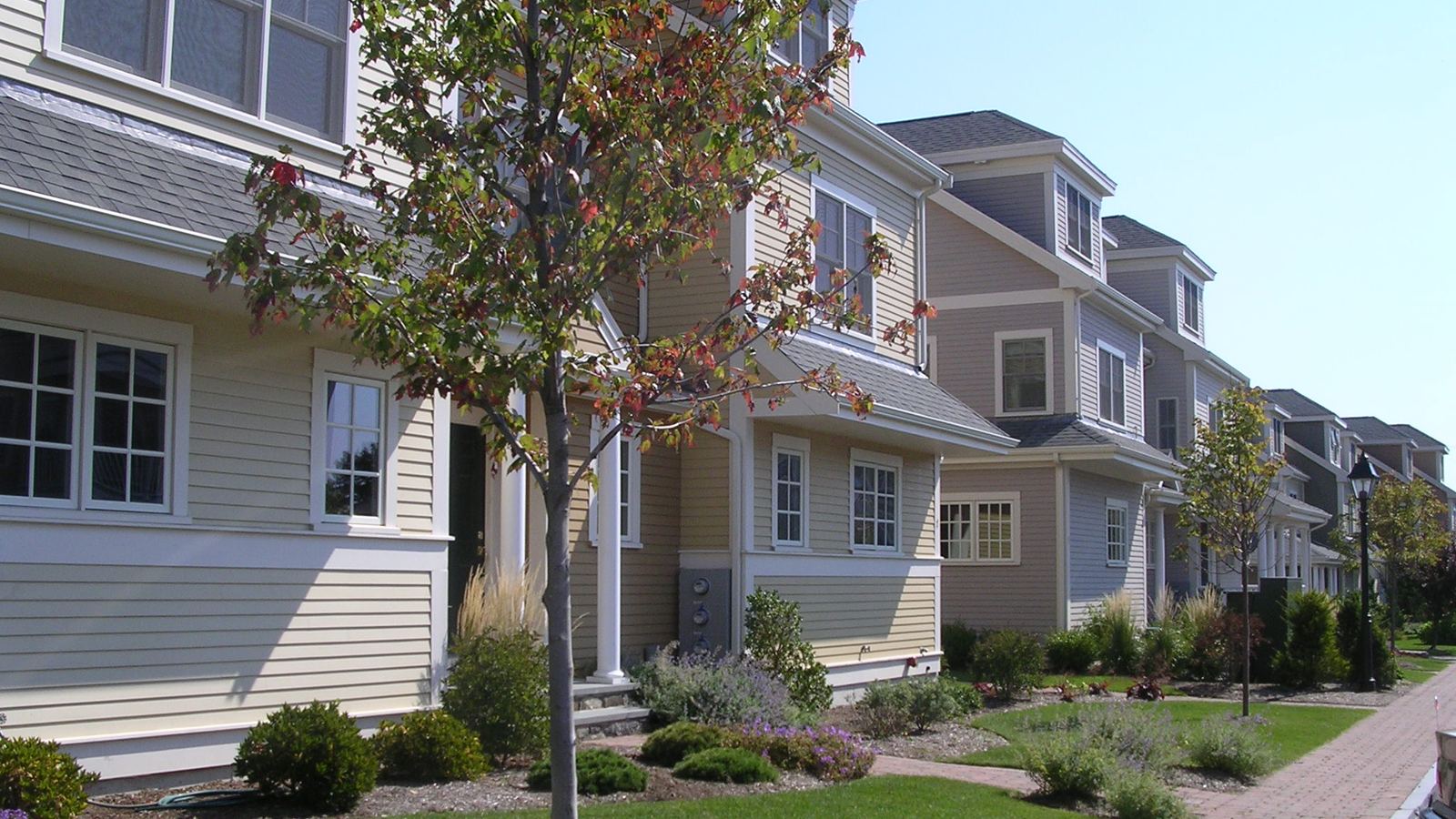 Newer row townhouses with small front gardens