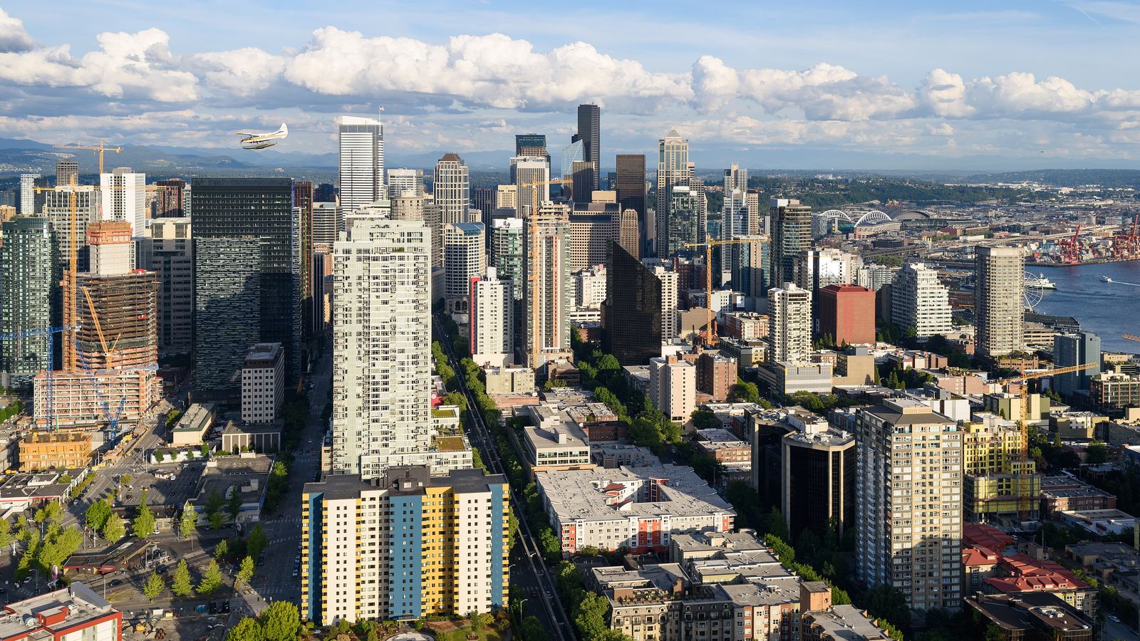 Downtown Seattle high-rises and neighborhoods seen from the Space Needle