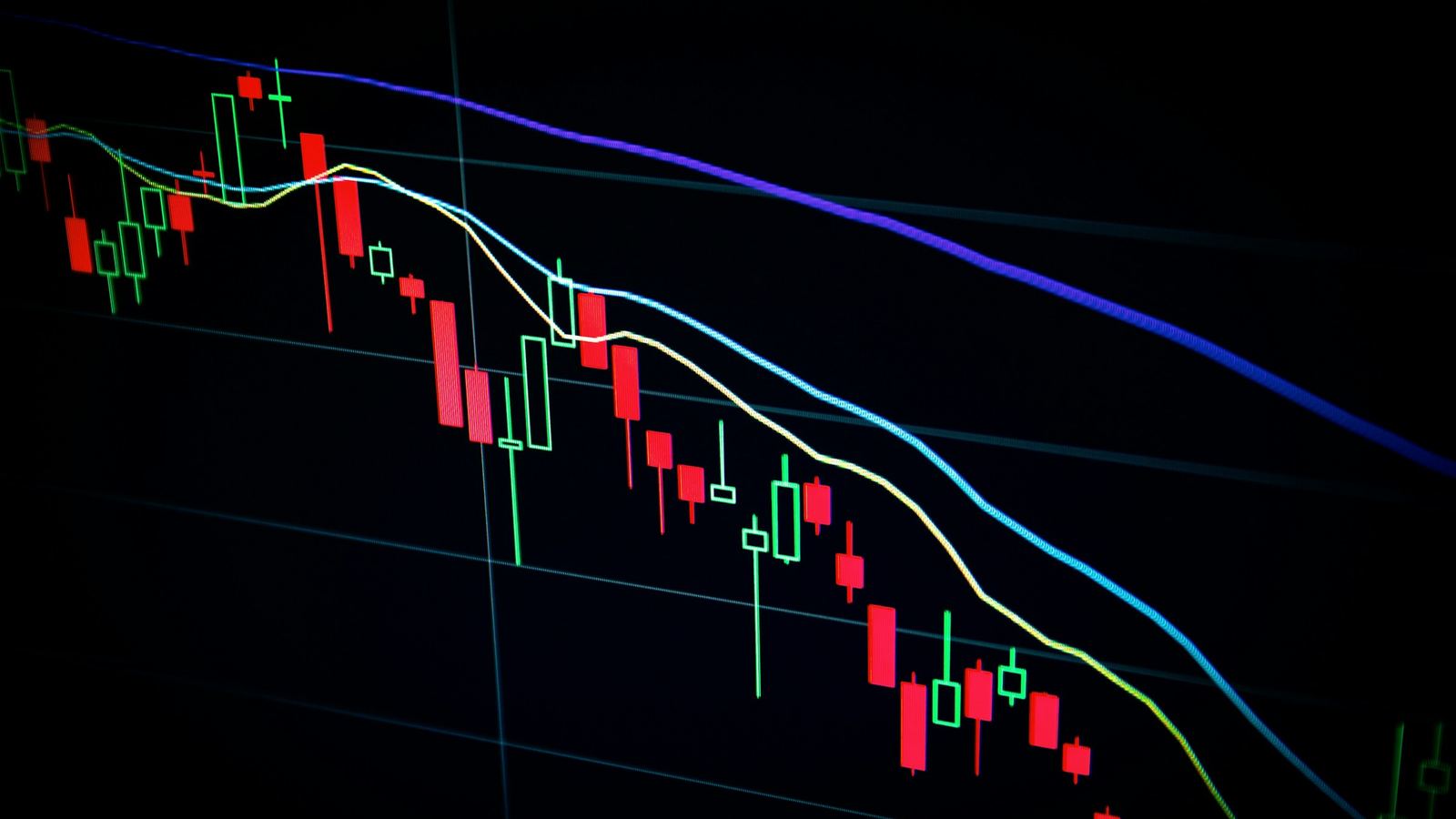 Candlestick stock chart trending lower on a screen