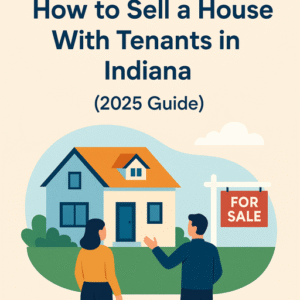 Illustration of a couple standing in front of a two-story house with a "For Sale" sign, used as the featured image for the 2025 blog guide titled "How to Sell a House With Tenants in Indiana."