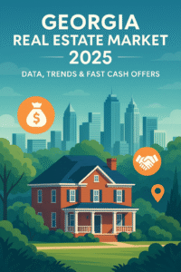 Digital illustration of the Atlanta, Georgia skyline with a classic Southern home in the foreground, real estate icons, and the text “Georgia Real Estate Market 2025 – Data, Trends & Fast Cash Offers”.