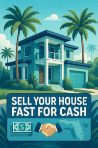 A high-end digital illustration of a modern Florida home surrounded by palm trees under a sunny blue sky, with a prominent “Sell Your House Fast for Cash” banner in the foreground. The image includes subtle icons of cash, a handshake, and a map of Florida in the background, creating a professional and trustworthy real estate vibe.
