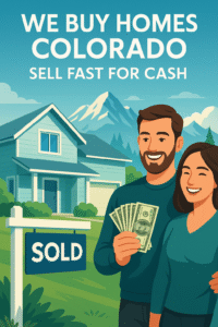 A high-quality digital illustration showing a happy couple holding cash in front of a sold Colorado home, with the Rocky Mountains in the background and bold text that reads “We Buy Homes Colorado – Sell Fast for Cash.”