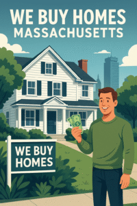 A high-quality digital illustration shows a smiling homeowner holding cash in front of a classic Massachusetts house with a “We Buy Homes” sign in the yard, surrounded by lush landscaping and the Boston skyline in the background, promoting a fast, hassle-free home sale for Massachusetts sellers.