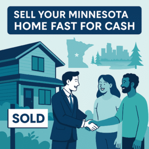 A high-end digital illustration showing a real estate agent shaking hands with a Minnesota homeowner couple in front of a modern home with a SOLD sign, the Minnesota state outline, pines, and a Minneapolis skyline. Bold headline reads: “SELL YOUR MINNESOTA HOME FAST FOR CASH.” The color palette is blue and green, giving a trustworthy, fresh, and local feel.