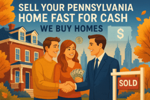 A polished digital illustration showing a happy Pennsylvania homeowner couple receiving a cash offer and shaking hands with a real estate professional in front of a classic rowhome and the Philadelphia skyline. The scene includes fall foliage, a SOLD sign, the Pennsylvania keystone state outline, and subtle icons representing fast cash and a hassle-free sale. Blue, gold, and warm tones convey trust and friendliness. A bold headline reads: “Sell Your Pennsylvania Home Fast for Cash – We Buy Homes.”