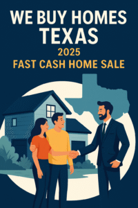A promotional digital illustration advertises fast cash home sales in Texas for 2025, featuring bold text “We Buy Homes Texas 2025 Fast Cash Home Sale” above a modern suburban house, a happy couple shaking hands with a professional home buyer, and the Texas state outline in the background. The design uses blue, yellow, and orange tones, emphasizing trust, speed, and professionalism in the Texas real estate market.