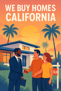 Digital illustration for a “We Buy Homes California” blog, featuring a stylish California house, palm trees, a golden sunset, and a professional shaking hands with happy sellers in front of a sold sign.