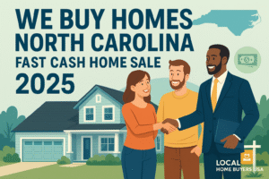 We Buy Homes North Carolina 2025 – Happy homeowners shaking hands with a professional cash home buyer in front of a modern North Carolina house, with the state outline in the background and bold text advertising fast cash home sales.