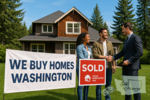 A high-resolution photo of a classic Washington state home with a visible “We Buy Homes Washington” banner, a red SOLD sign for Local Home Buyers USA, and a happy seller couple shaking hands with an agent. Tall evergreens and a blue sky complete the Pacific Northwest scene.