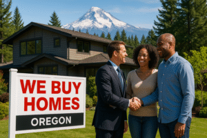 Modern Oregon home with Mount Hood, pine trees, “We Buy Homes Oregon” sign, and a professional shaking hands with a smiling couple in the foreground.