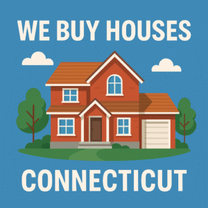"Illustration of a two-story brick house with a pitched roof, surrounded by trees and a lawn, under a blue sky with white clouds. Bold white text reads ‘We Buy Houses Connecticut,’ conveying a clear and inviting real estate message."
