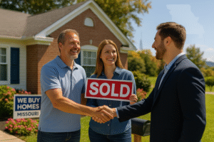 Missouri homeowners selling their house fast for cash, happy couple with SOLD sign shaking hands with Local Home Buyers USA real estate investor in front of classic Missouri home.
