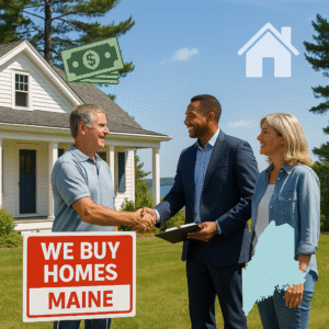Professional cash home buyer shaking hands with Maine homeowners in front of a classic white house with pine trees and the Atlantic coast in the background, featuring a “We Buy Homes Maine” sign and real estate icons.