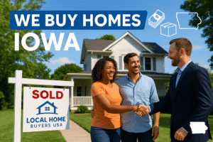 Happy Iowa home sellers shake hands with a Local Home Buyers USA real estate agent in front of a classic white Iowa house, “We Buy Homes Iowa” banner, SOLD sign, blue sky, and Midwest summer trees.