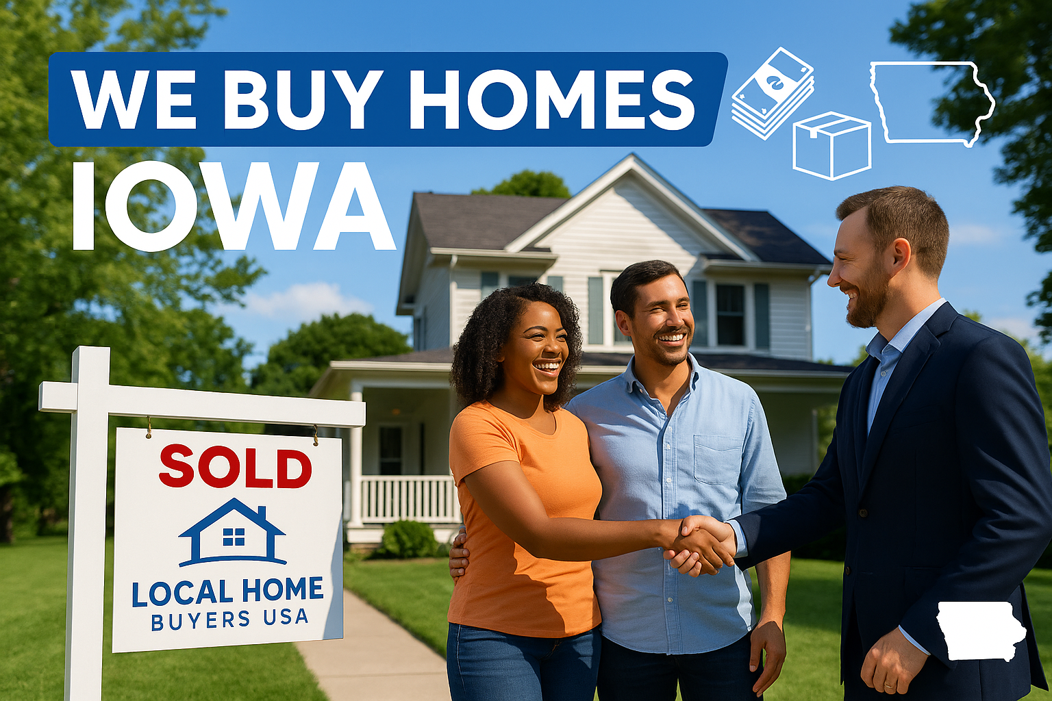 Happy Iowa home sellers shake hands with a Local Home Buyers USA real estate agent in front of a classic white Iowa house, “We Buy Homes Iowa” banner, SOLD sign, blue sky, and Midwest summer trees.