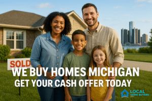 Cheerful Michigan family celebrates selling their home fast for cash with Local Home Buyers USA in front of a Detroit house and SOLD sign