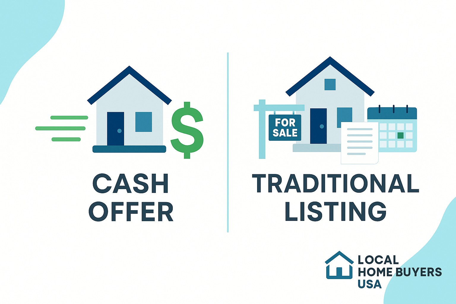 Flat digital illustration compares two houses: one labeled “Cash Offer” with a green dollar sign and fast motion lines for speed, the other labeled “Traditional Listing” with a for sale sign, paperwork, and a calendar, visually contrasting fast cash sales versus traditional real estate listings for Local Home Buyers USA.