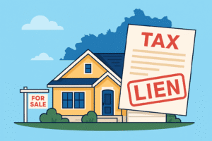 Illustration of a yellow house for sale in Kentucky with a large red tax lien notice, a blue silhouette of Kentucky in the background, and a “For Sale” sign in the yard.