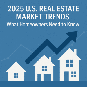 "Blue gradient background with bold white text reading '2025 U.S. Real Estate Market Trends: What Homeowners Need to Know.' Below the text are three white house icons increasing in size from left to right, with a dark blue upward arrow and a subtle line graph in the background, symbolizing growth in the real estate market."