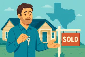 Illustration of a relieved Texas landlord handing over house keys in front of a suburban home with a “Sold” sign and a Texas state outline in the background.