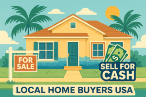 “Digital illustration showing a flood-damaged Florida house with water surrounding the property, palm trees, and a ‘Sell Your House Fast’ sign, representing quick cash home sales solutions after flood damage by Local Home Buyers USA.”