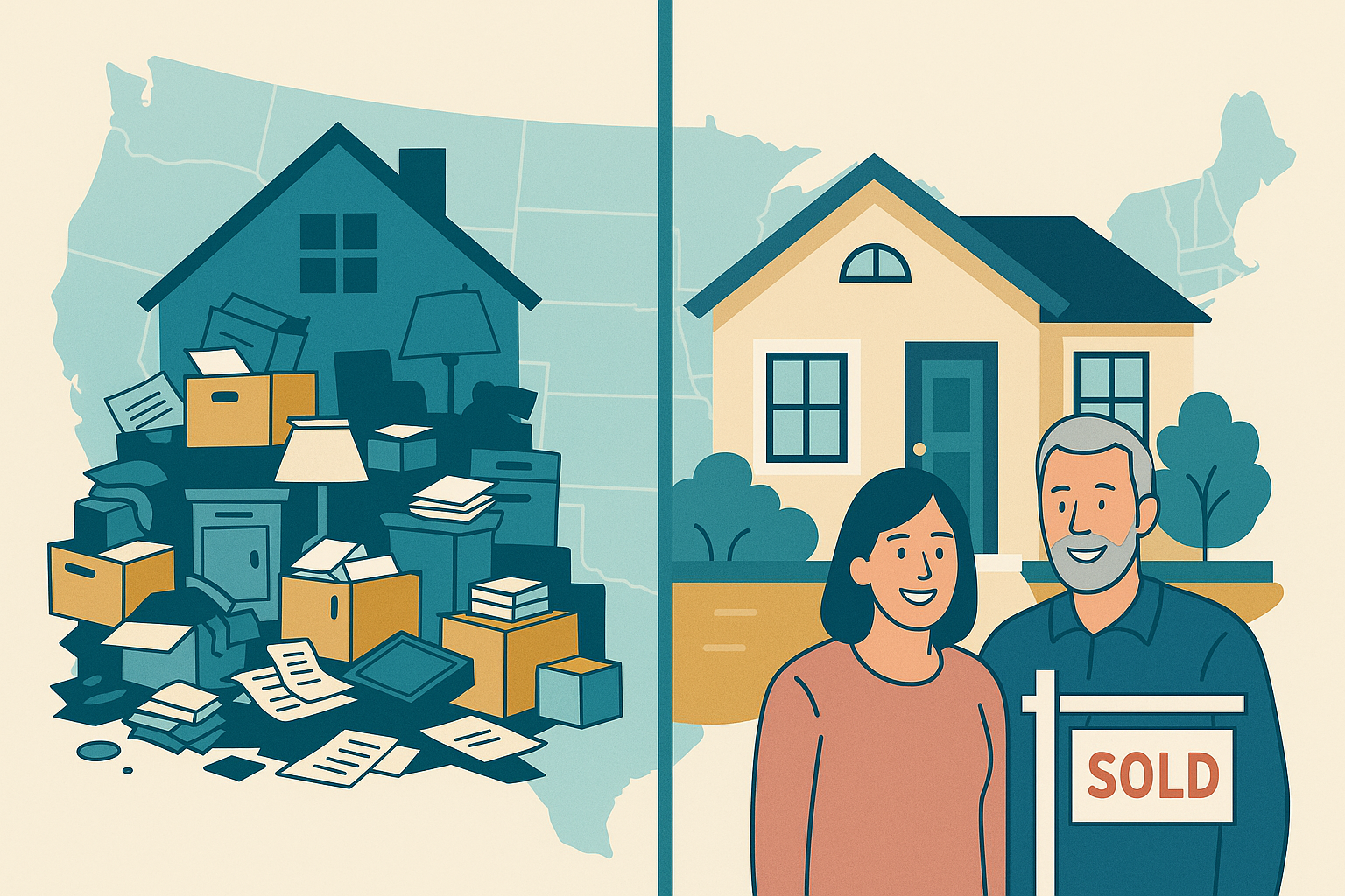 Illustration showing a split-view of a cluttered hoarder house being transformed into a clean, welcoming home, with a “Sold” sign and happy sellers, set against a subtle United States map background.