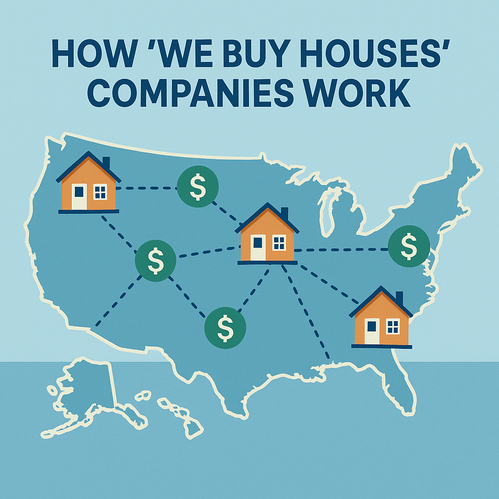 Dashboard-style illustration showing how We Buy Houses companies work nationwide