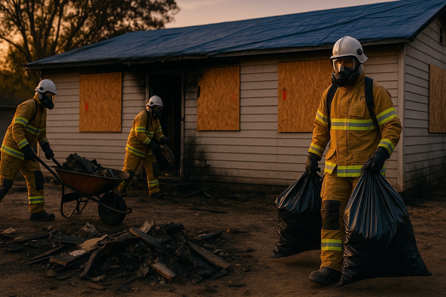 Fire crew cleaning out a damaged house after a fire