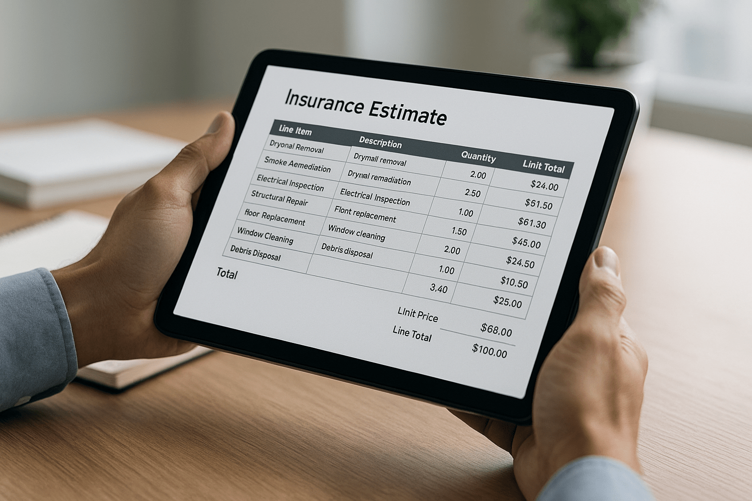 Hands holding a tablet that displays line-item insurance estimates for fire damage repairs