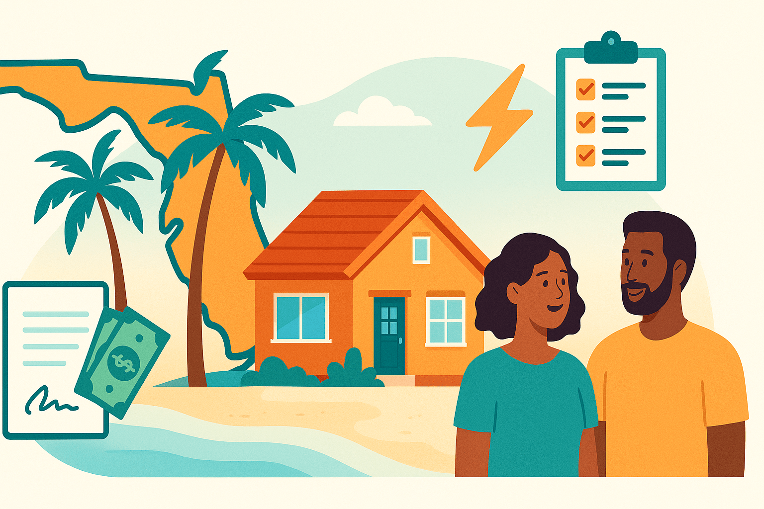 Selling a house fast in Florida—illustration of home, palm trees, and timeline icons