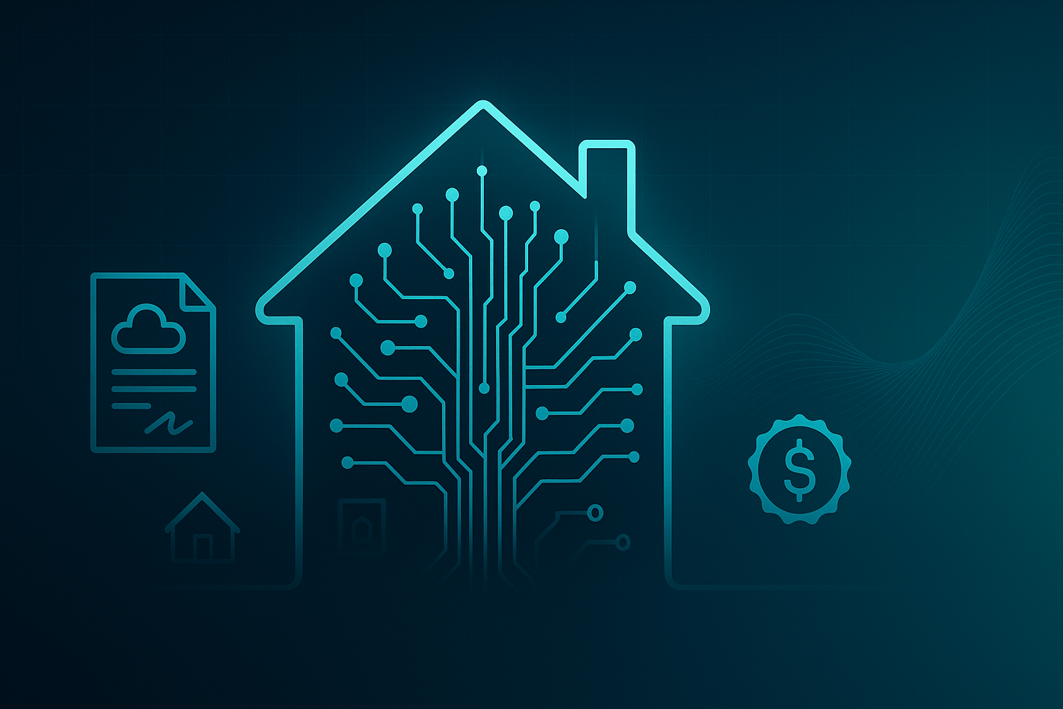 Abstract AI-powered home silhouette with circuit lines representing data-driven valuation, instant offers, and secure e-closings.