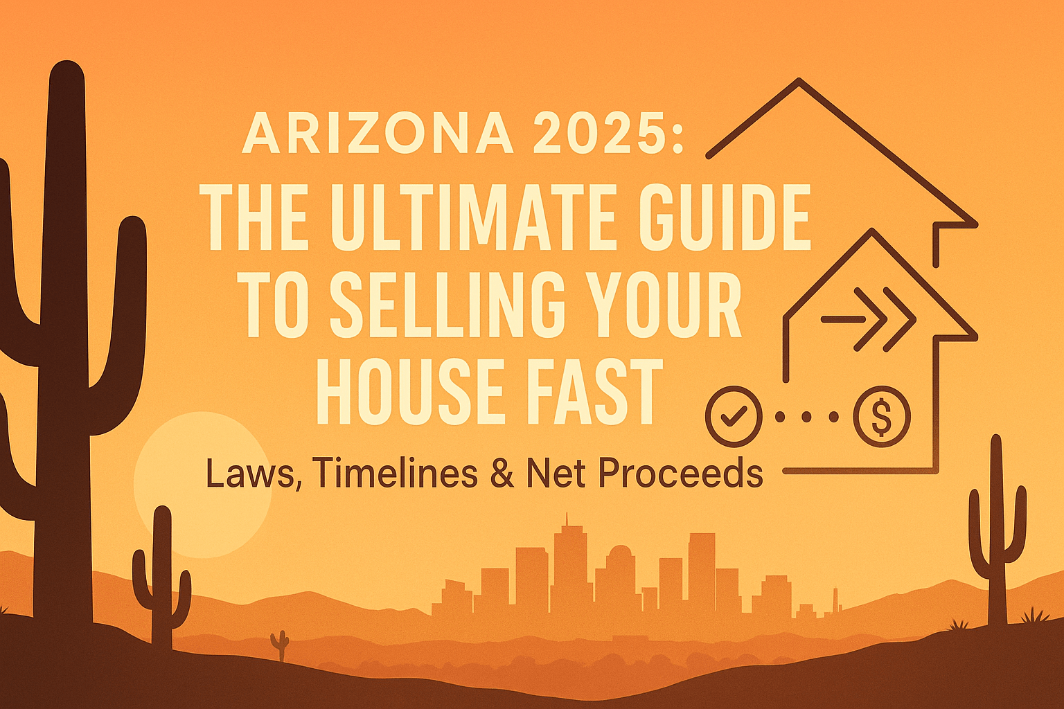 Arizona home selling guide featured image: desert house and skyline with warm sunrise