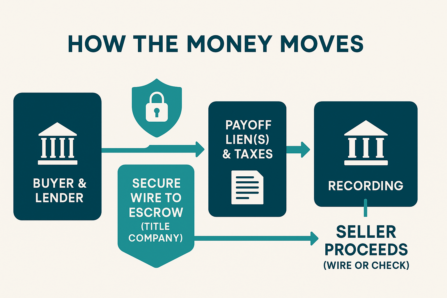 Abstract bank-to-escrow-to-seller visual showing secure fund flow at closing