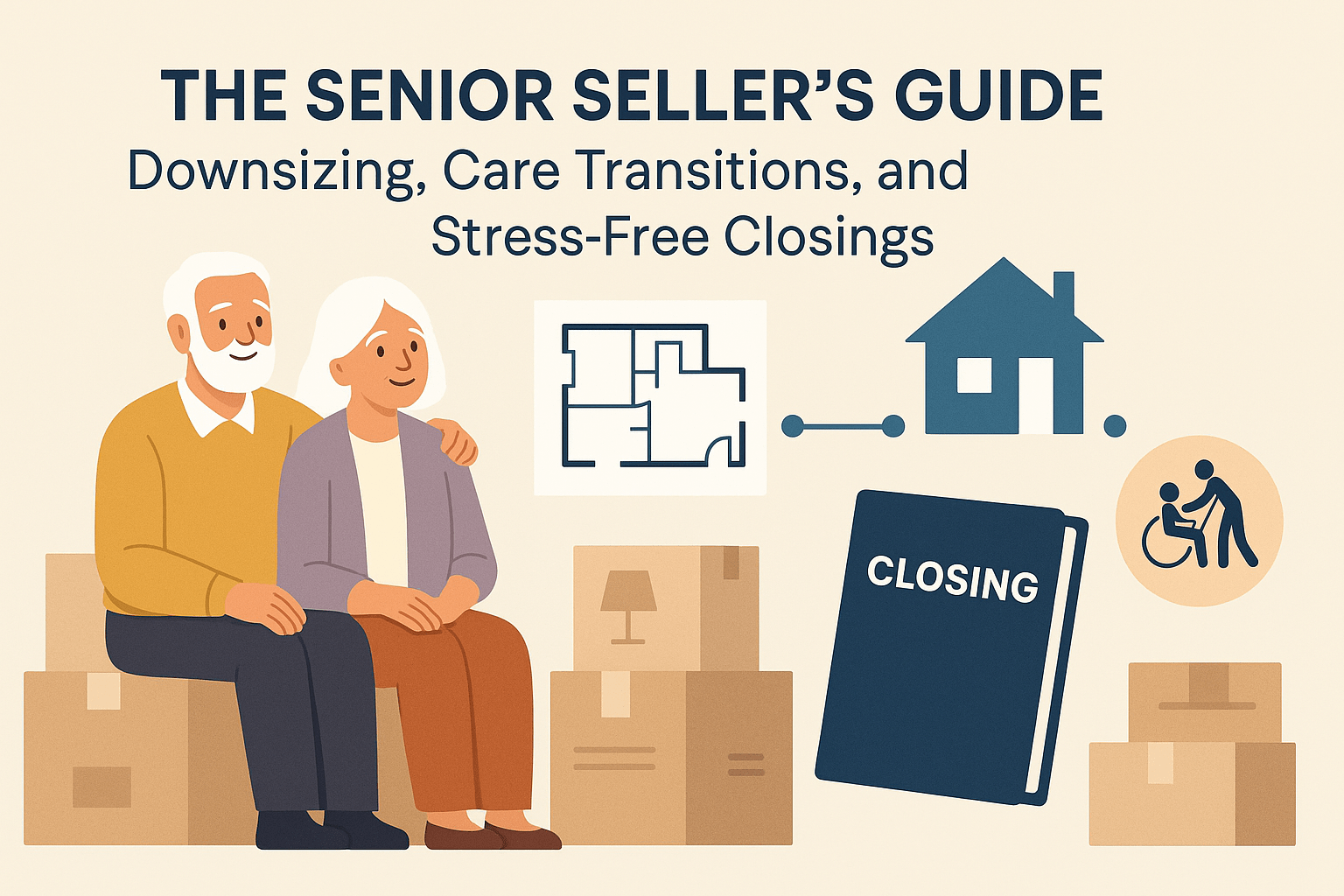 Older adult and daughter planning a move with a title company and moving boxes, cheerful and calm