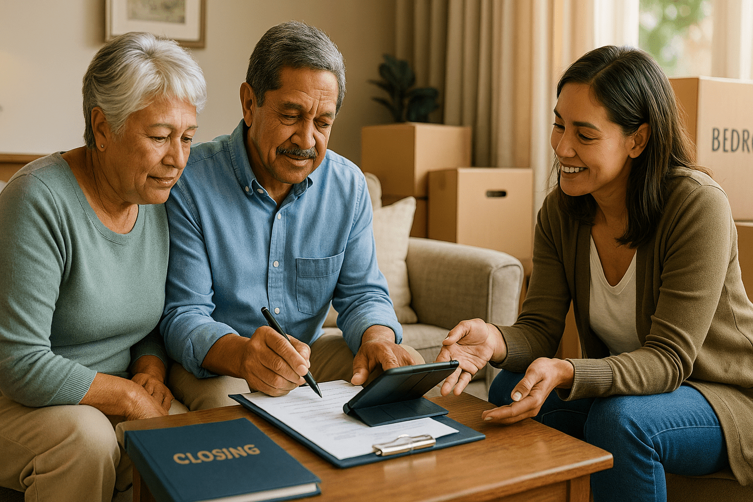 Senior seller signing documents at closing with adult child support; escrow officer on a laptop