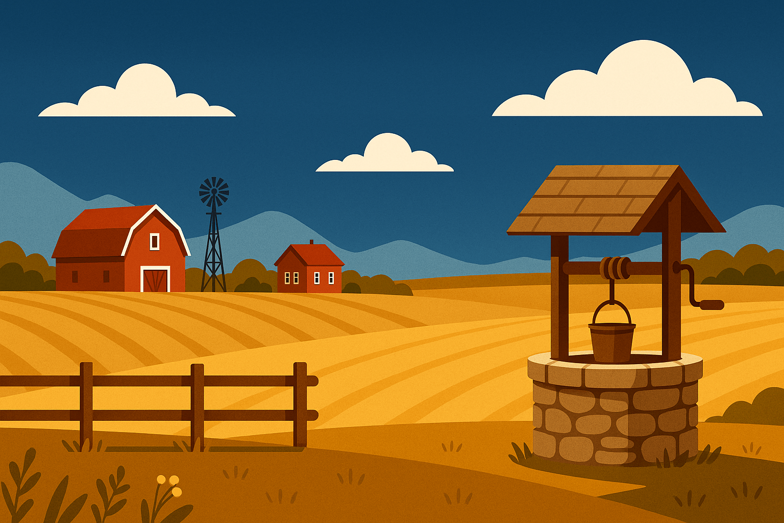 Rural acreage landscape with farmhouse, well, and open fields