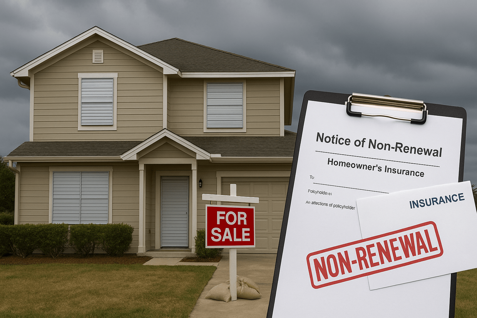 For Sale sign and insurance non-renewal notice on home