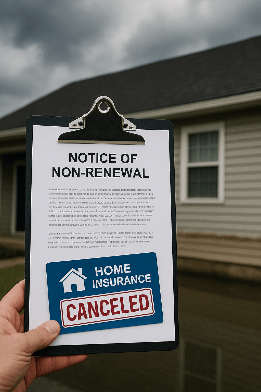 Notice of non-renewal on clipboard in front of house