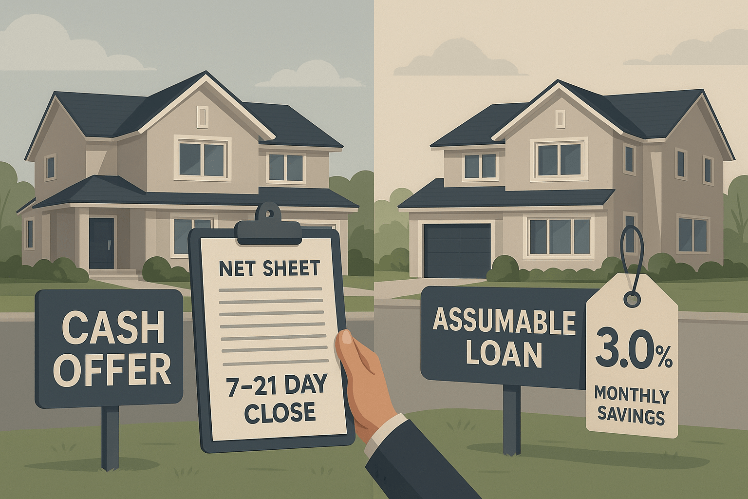 Split-screen comparison: cash offer vs assumable loan