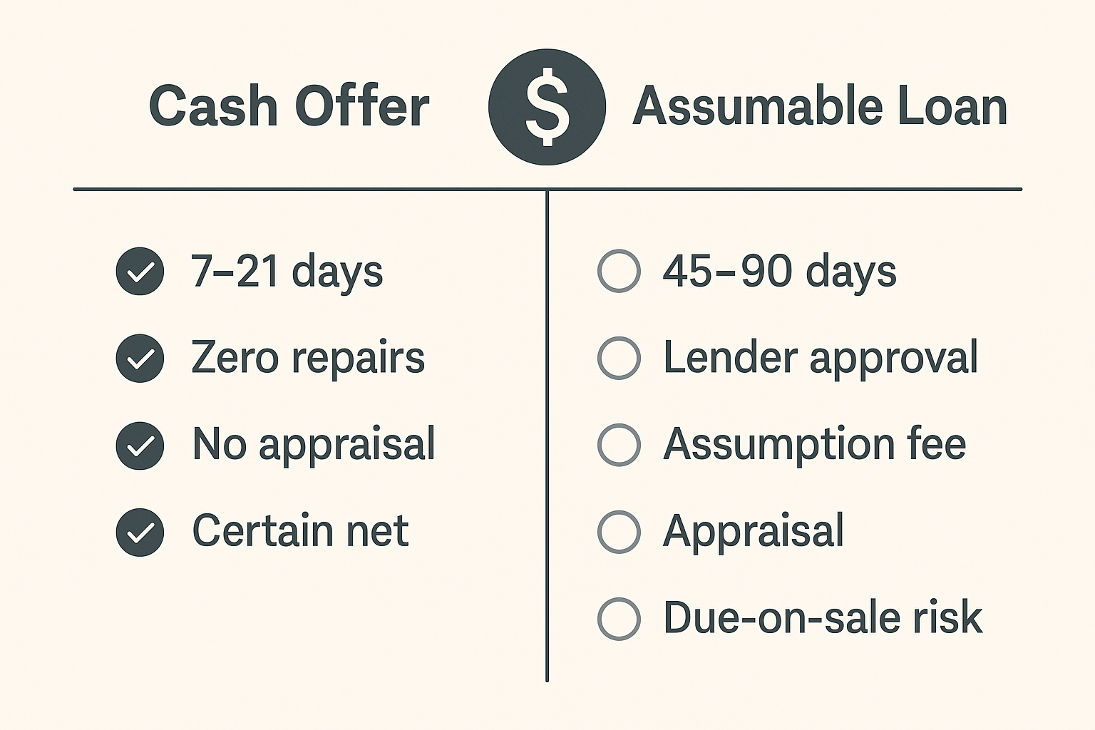 Comparison infographic: cash offer vs assumable loan checklist