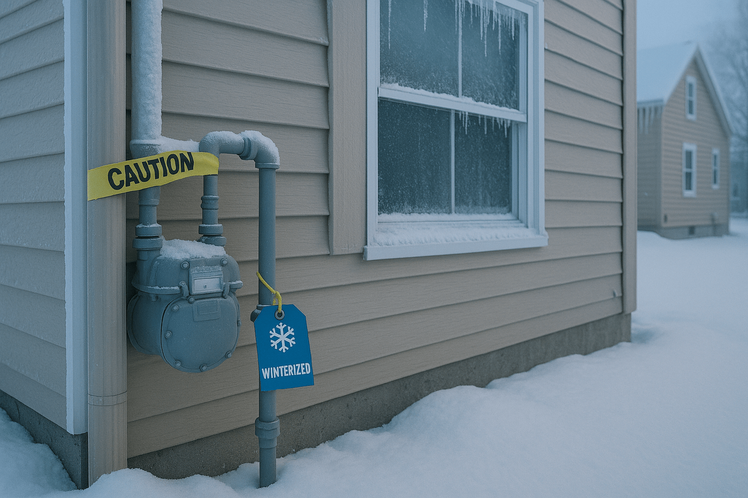 Winterized gas meter with caution tag and frosted window on a vacant home