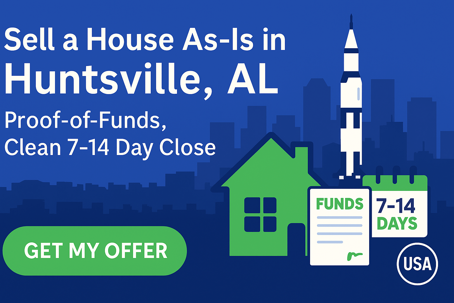 Huntsville, Alabama neighborhood and skyline with fast home sale theme