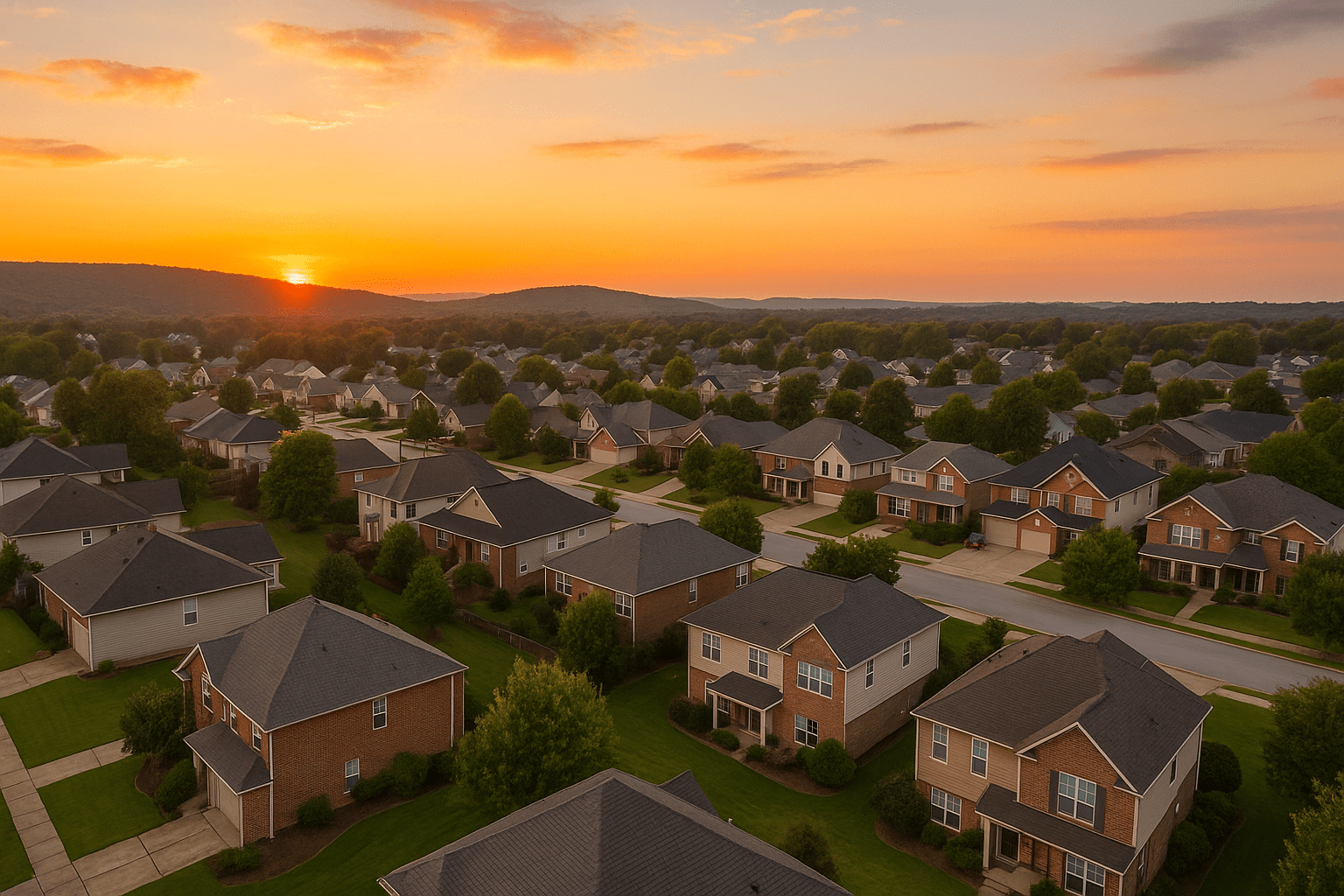 Tree-lined Huntsville neighborhood street with brick homes