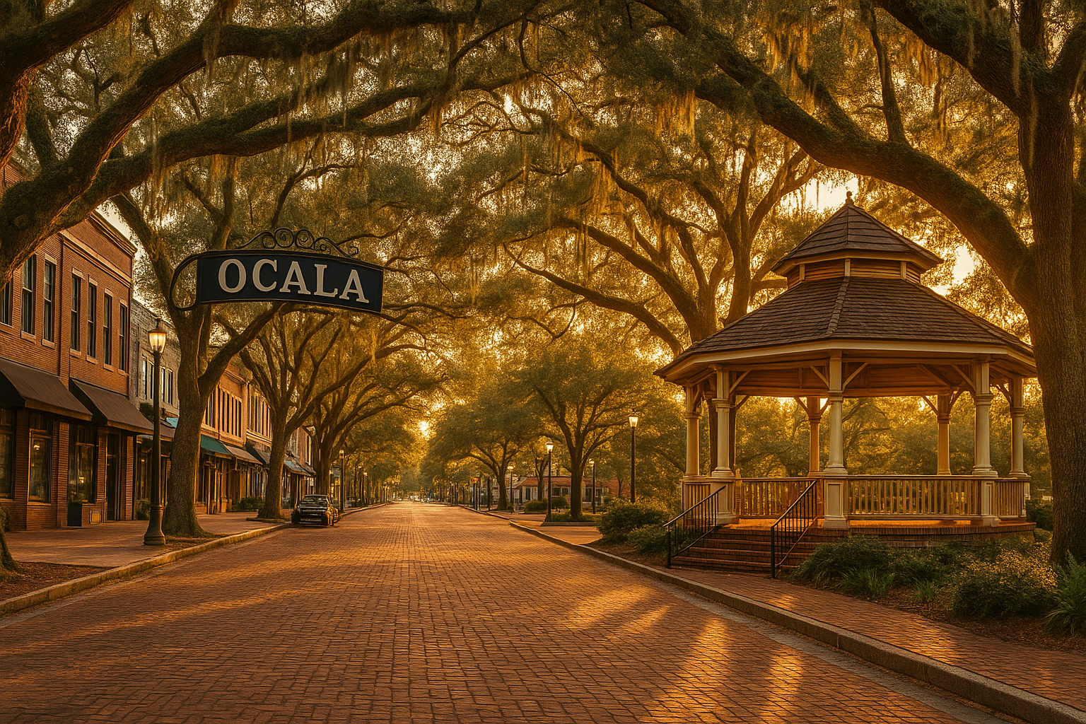 Ocala streetscape with live oaks and horse country character