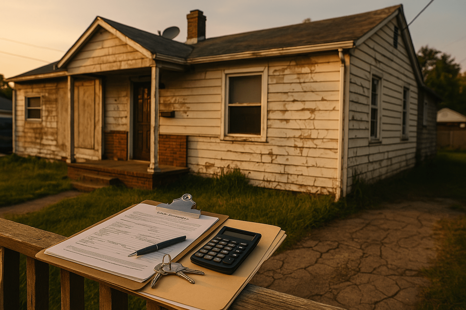 Distressed single-family home before renovation with financing callouts