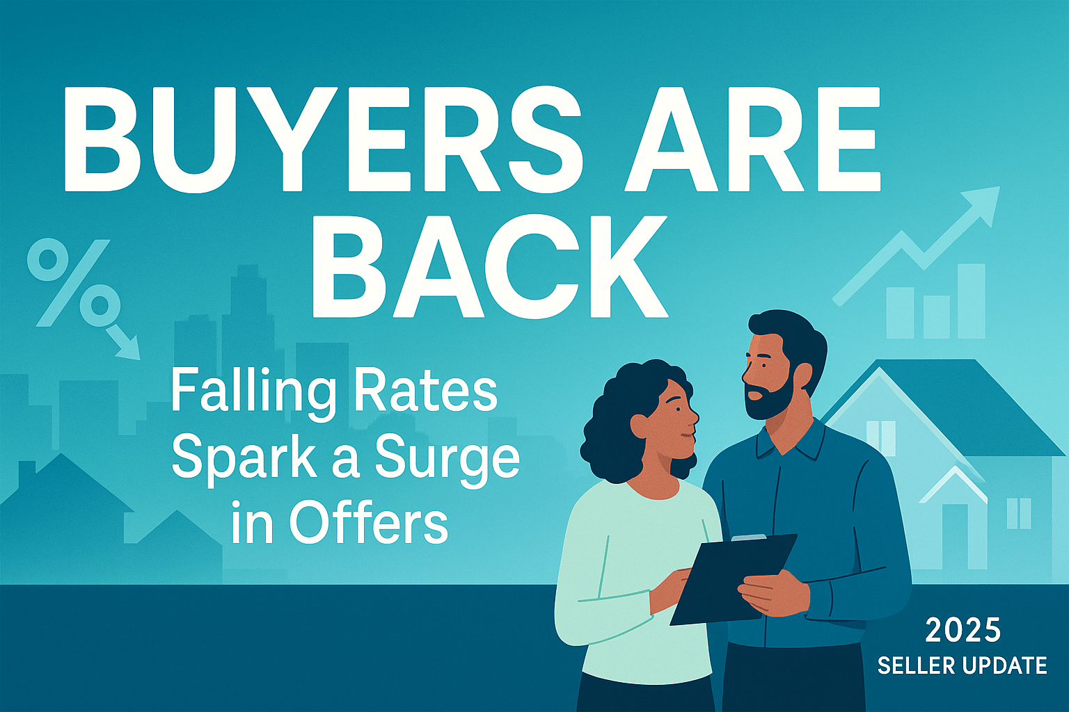 Homebuyers meeting an agent in front of a move-in-ready house at golden hour